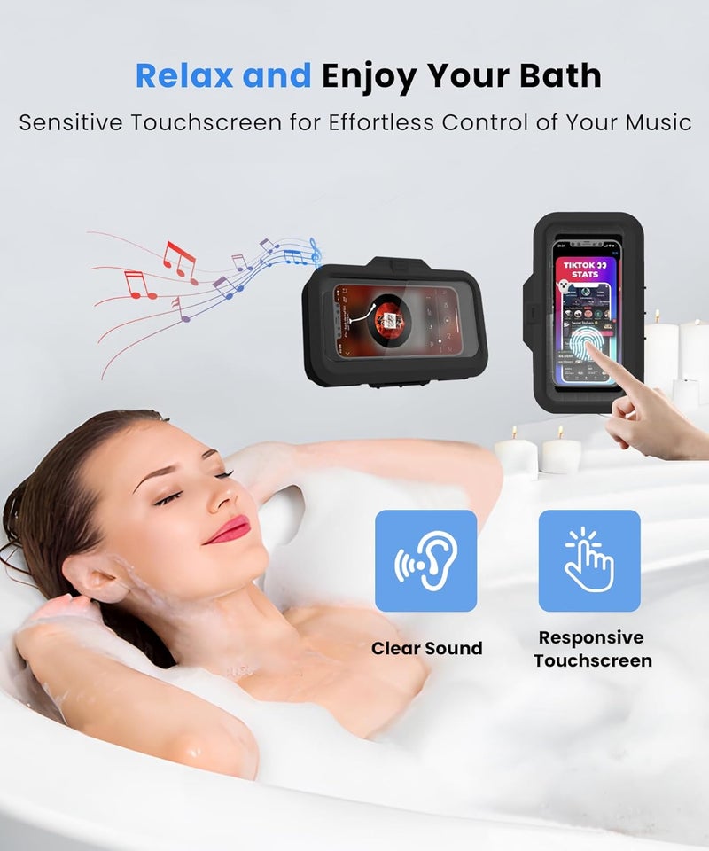 URROY Shower Phone Holder Waterproof One-Touch Open Shower Phone Case Anti-Fog & Sensitive Touchscreen Bathroom Wall Phone Mount Stand Universal Fit for iPhone & Smartphones Gift for Men Women Black - Image 5